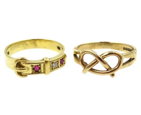 18ct ruby and diamond buckle ring and a 9ct gold friendship ring both hallmarked Condition Report 18ct 4gm 9ct 2.4gm both siz