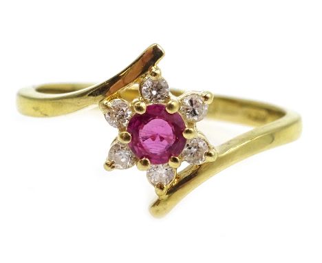 Gold ruby and diamond cluster ring, hallmarked 18ct Condition Report Approx 2.8gm, size O