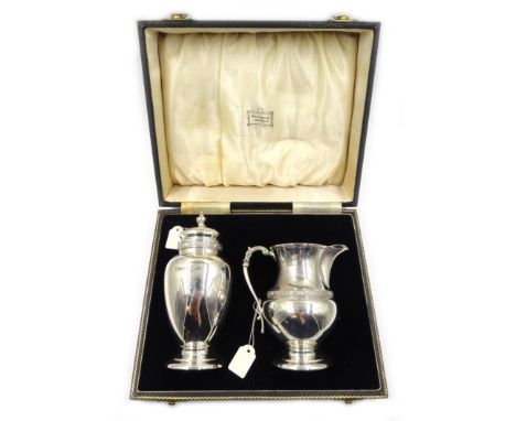 Silver strawberry sugar and cream set by Richard Woodman Burbridge (chairman of Harrod's)Sheffield 1938 14oz in original case