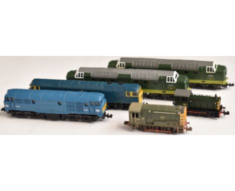 Six Lima, Hornby or similar N gauge model railway diesel locomotives including Meld, dock shunter etc.&nbsp;