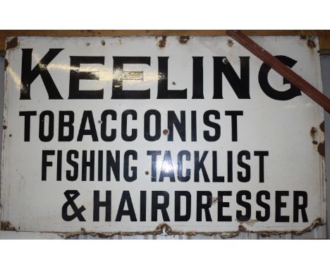 Vintage enamel advertising sign 'Keeling Tobacconist Fishing Tacklist & Hairdresser', 91 x 145cmPLEASE NOTE this lot is locat