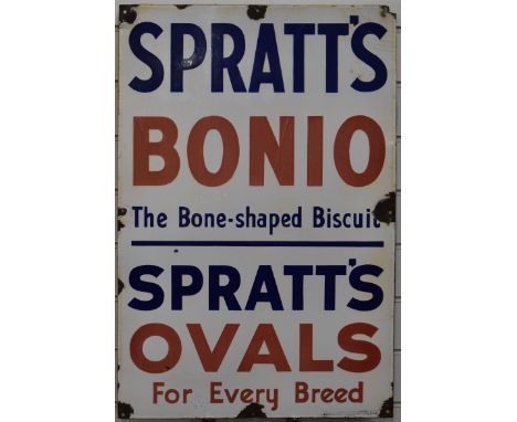 Vintage enamel advertising sign 'Spratt's Bonio, The Bone - Shaped Biscuit, Spratt's Ovals for Every Breed', 76 x 51cmPLEASE 