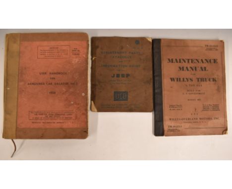 Willys 1/4 ton 4x4 model MB maintenance manual dated 1942, UCD Jeep GPW and MB parts catalogue and a user handbook for the Sa