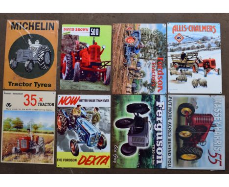 Eight tractor interest metal advertising signs to include Fordson Dexta, Allis Chalmers, David Brown and Massey Ferguson, eac