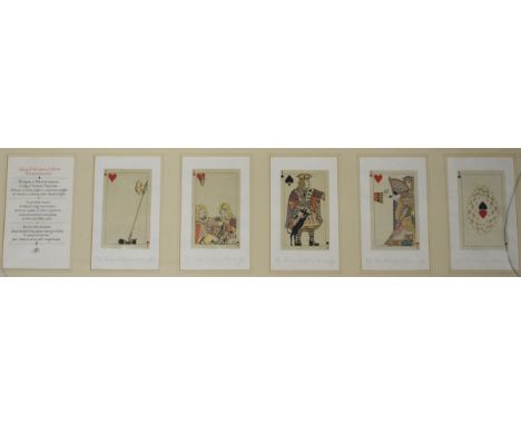 Framed signed limited edition prints "Taking of the Queen of Hearts", each 40/144, with playing card verso for Robin A H Broc