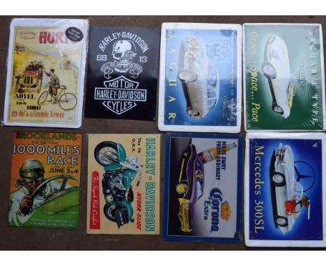 Eight motoring interest metal advertising signs to include Harley-Davidson, Jaguar and Mercedes, each approximately 40 x 30cm