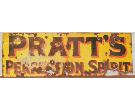 Vintage enamel advertising sign 'Pratt's Perfection Spirit', 46 x 133cmPLEASE NOTE this lot is located at and will be sold fr