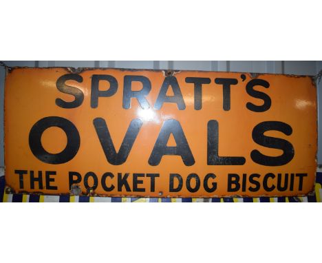 Vintage enamel advertising sign 'Spratt's Ovals The Pocket Dog Biscuit' 30 x 76cmPLEASE NOTE this lot is located at and will 