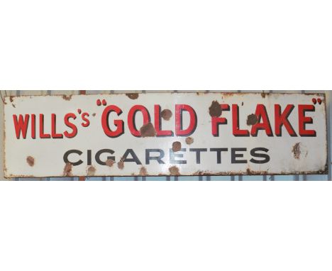 Vintage enamel advertising sign 'Wills's Gold Flake cigarettes', 38 x 153cmPLEASE NOTE this lot is located at and will be sol