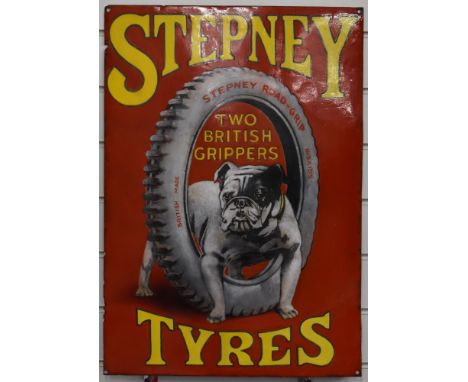 Vintage enamel advertising sign 'Stepney Tyres, Stepney Road Grip, British Made' with English Bulldog and tyre surround decor