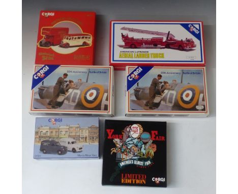 Six Corgi diecast model vehicle box sets including two D35/I 50th Anniversary Battle of Britain, 97320 American LaFrance Aeri