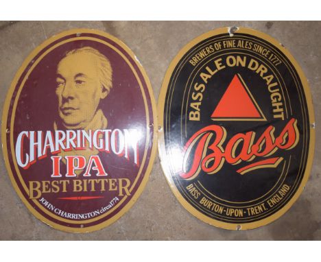 Two vintage enamel advertising signs comprising Charrington & Bass, maximum diameter 46cmPLEASE NOTE this lot is located at a