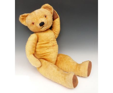 Chad Valley blonde mohair teddy bear with leather pads and jointed limbs, 69cm tall