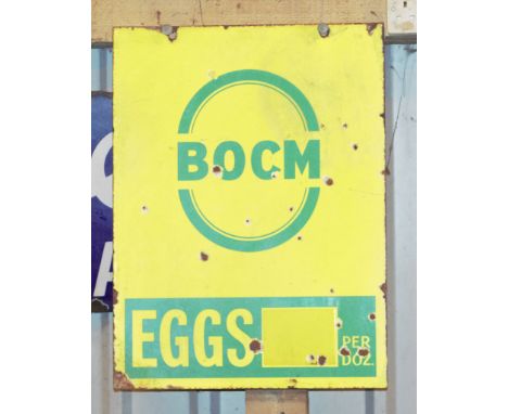 Vintage enamel advertising sign 'BOCM eggs' 61 x 46cmPLEASE NOTE this lot is located at and will be sold from Cocknells Farm,