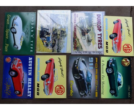 Eight motoring interest metal advertising signs to Jaguar, Dunlop, MG, Porsche, Austin Healey etc, each approximately 40 x 30