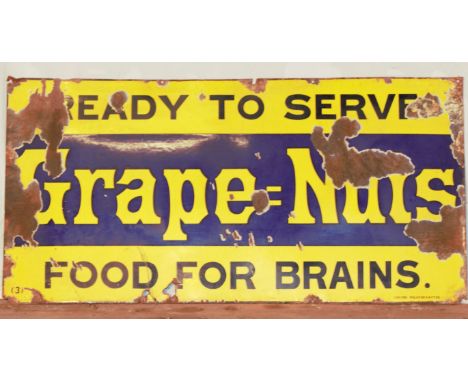 Vintage enamel advertising sign 'Grape-Nuts', 60.5 x 122cmPLEASE NOTE this lot is located at and will be sold from Cocknells 
