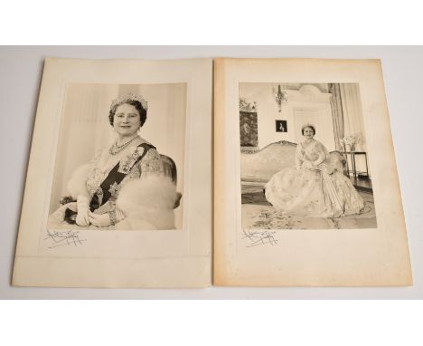 Anthony Buckley two black and white photographic portraits of Her Majesty Queen Elizabeth the Queen Mother, the first a seate