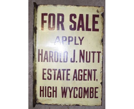 Vintage enamel double sided advertising for sale sign 'Harold Nutt Estate agent, High Wycombe', 46 x 30.5cmPLEASE NOTE this l