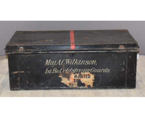 WW1 military metal trunk with 'Major A C Wilkinson 1st Battalion Coldstream Guards' stencilled to front, W77 x D39 x H28cm