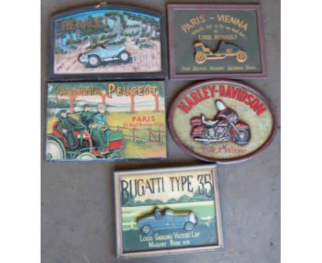 Five vintage car interest signs comprising Bugatti, Harley-Davidson, Peugeot & two Renault, largest 40 x 60cmPLEASE NOTE this