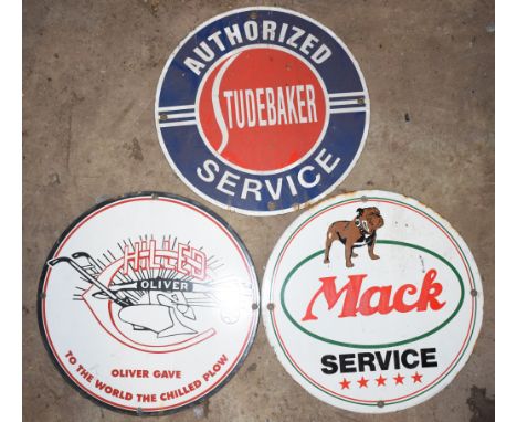 Three enamel advertising signs comprising Chilled Oliver, Mack Service & Studebaker, 30cm diameter PLEASE NOTE this lot is lo