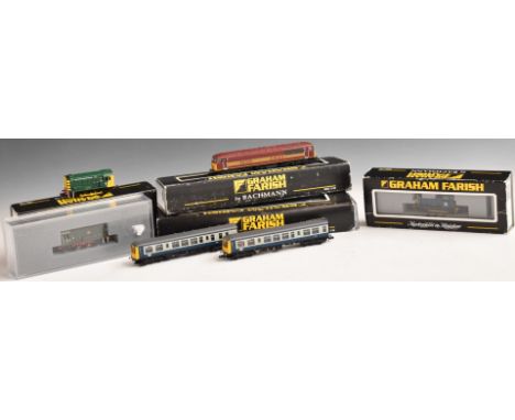 Six Graham Farish N gauge model railway diesel locomotives including Class 108 DMU two-car set, EW&amp;S etc, all in original