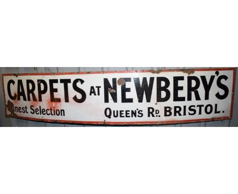 Vintage enamel advertising sign 'Newbery's Carpets, Bristol', 30.5 x 153cmPLEASE NOTE this lot is located at and will be sold
