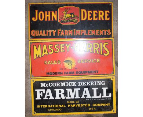 Three enamel advertising signs comprising Farmall, Massey-Harris & John Deere, 20.5 x 45.5cmPLEASE NOTE this lot is located a