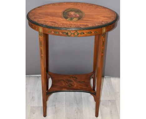 Satinwood oval side table with hand painted portrait of a lady to the top and floral decoration, raised on tapering legs, W55