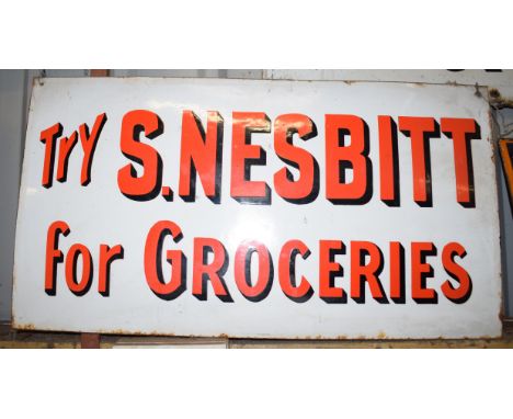 Vintage enamel advertising sign 'S Nesbitt for Groceries', 35.5 x 66cmPLEASE NOTE this lot is located at and will be sold fro