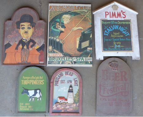 Six wooden signs comprising Thomas Pinkers beef, Portland Head Light, Beer Festival, Pimm's, Charlie Chaplin & Automobile Clu