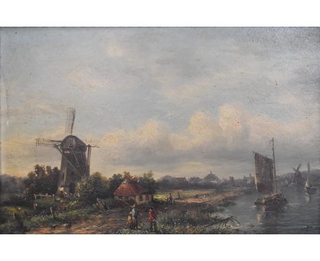 Anthony de Bree (1855-1921) oil on panel likely Dutch canal scene with windmill and boats, signed lower right and with furthe