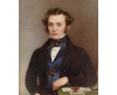 19thC portrait miniature of a gentleman in period dress by a writing table, 12 x 9.5cm, in leather, gilt and cut glass frame