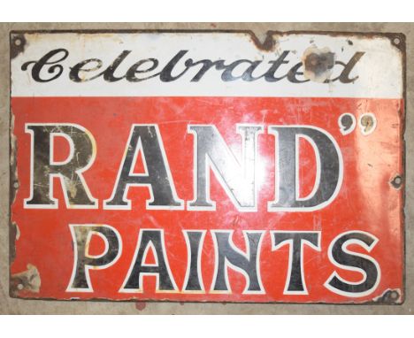 Vintage enamel advertising sign 'Rand Paints', 28 x 41cmPLEASE NOTE this lot is located at and will be sold from Cocknells Fa