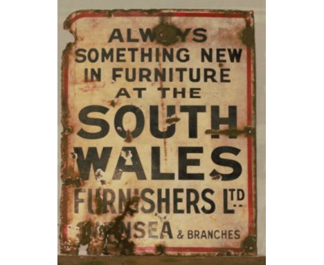 Vintage enamel advertising sign 'South Wales Furnishers, Swansea', 76 x 59cmPLEASE NOTE this lot is located at and will be so