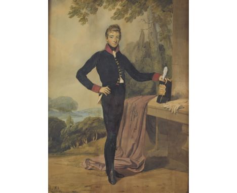 19thC watercolour portrait of a young military officer with stovepipe shako on table, 52 x 38cm, in bird's eye maple frame