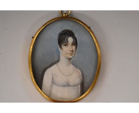 Thomas Hazelhurst (c1740-1821), portrait miniature of a young lady wearing a pearl necklace, initialled TH lower right, maxim