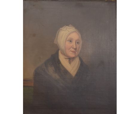 19thC oil on canvas portrait, believed to be Thomas Gladstone's wife, with labels verso, 75 x 62cm, in period gilt frame