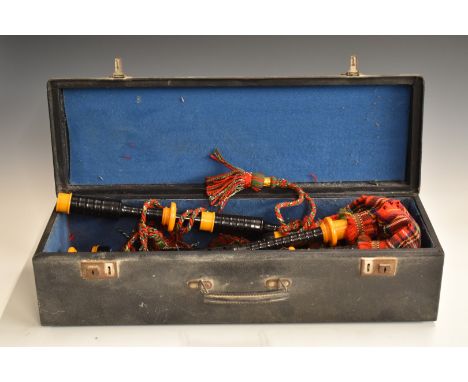 R Gillanders, Dundee, Highland bagpipes c1930-1950, blackwood effect with imitation ivory mounts, in original case