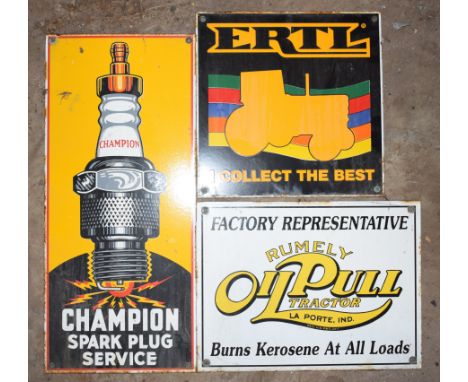 Three enamel advertising signs comprising Ertil, Rumely Oil Pull Tractor & Champion Spark Plugs, largest 46 x 20cmPLEASE NOTE