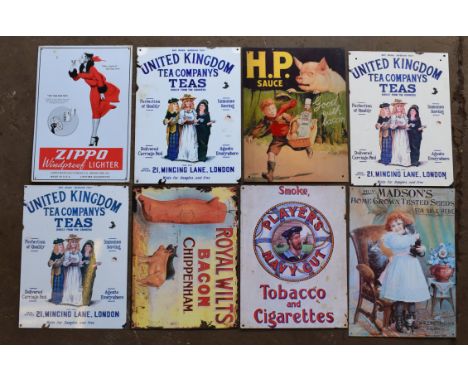 Eight metal advertising signs to include Zippo, H.P Sauce, tea, Player's etc, each approximately 40 x 30cmPLEASE NOTE this lo