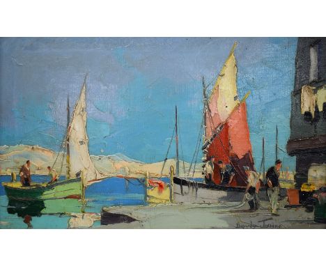 C R D'Oyly John (1906-1993) oil on canvas boats at a quayside indistinctly titled verso, 'Santa Margarita, Italian Riviera', 