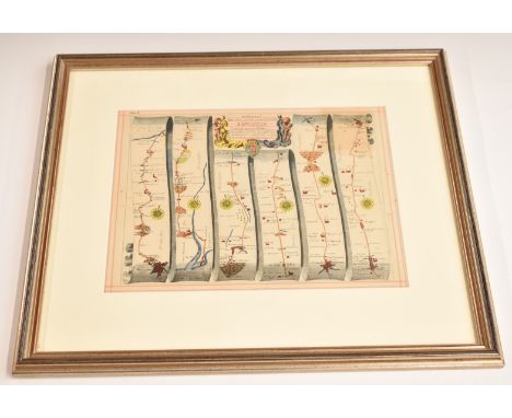 John Ogilby framed double sided road map from Bristol to Ludlow and Bristol to Banbury, 24 x 31cm