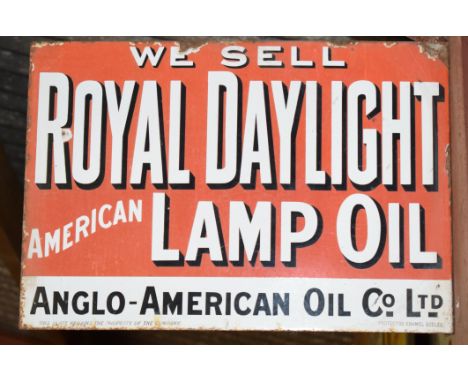 Vintage enamel double sided advertising sign 'We sell Royal Daylight American lamp oil, Anglo-American Oil Co Ltd', 37 x 53cm