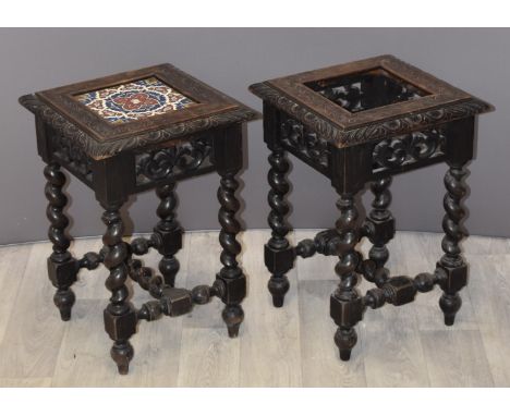A pair of carved oak side tables, one with inset Art Nouveau tile, probably Minton, W36 x D36 x H53cm