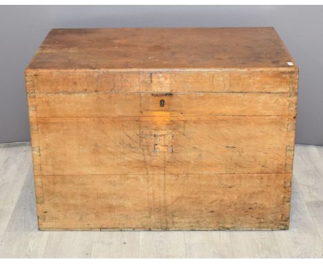 19thC oak or ash trunk with twin drop handles, W70 x D43 x H47cm