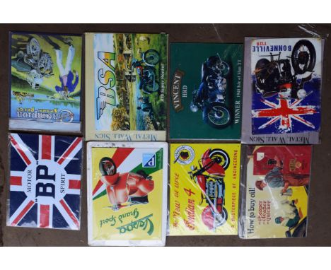 Eight metal advertising signs to include BSA, BP and Shell, each approximately 40 x 30cmPLEASE NOTE this lot is located at an