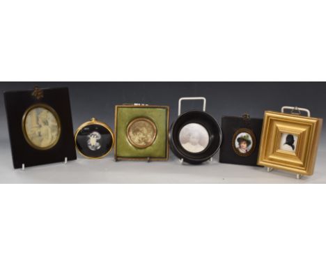 Six portrait miniatures, photographs and similar, to include painted porcelain plaque of a boy in a hat, maximum diameter 4cm