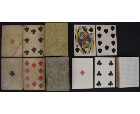 Three packs of 19thC playing cards, one with slip suggesting them to be Doherty c1850 all without ace of spades and two furth