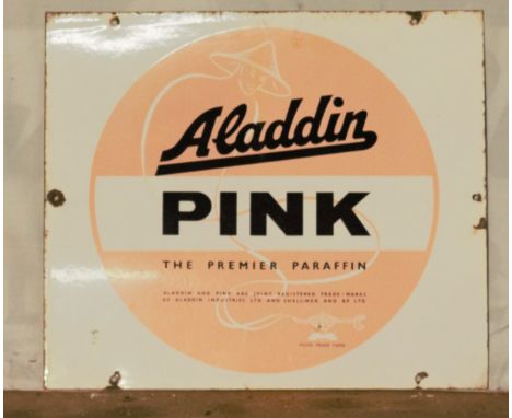 Vintage enamel advertising sign 'Aladdin Pink', 42 x 48cmPLEASE NOTE this lot is located at and will be sold from Cocknells F